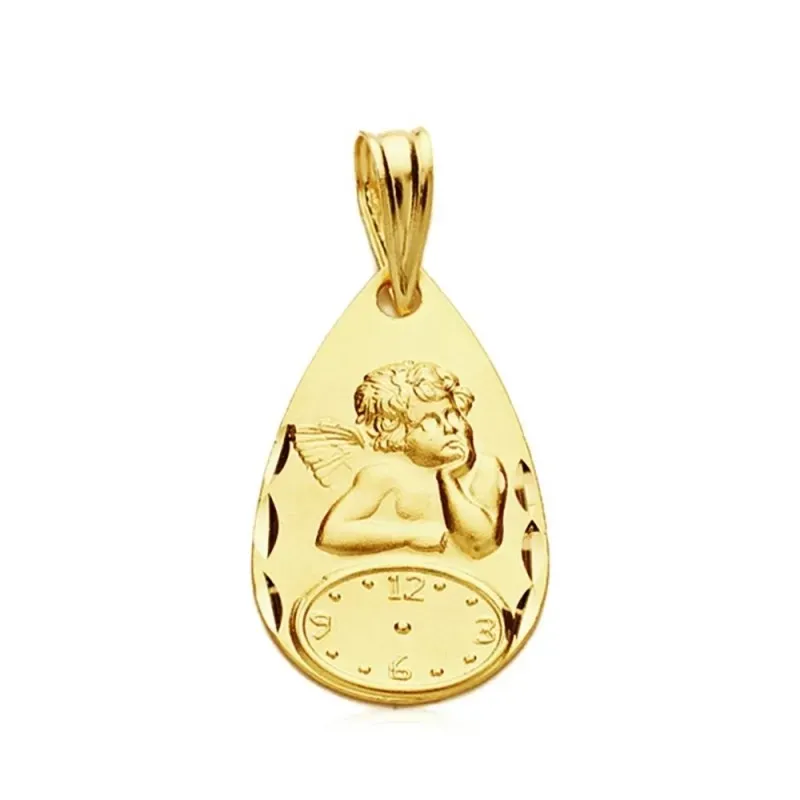 Medalla oro 9k lágrima bebé ángel sobre reloj 19mm. [AB3231GR]