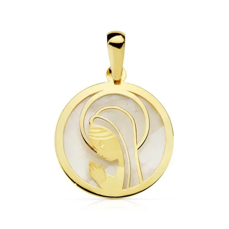 Medalla oro 18k nácar Virgen Niña aureola redonda 17mm. [AB4654]