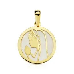 Medalla oro 18k nácar Virgen Niña redonda 17mm. [AB4655]