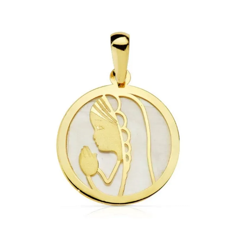 Medalla oro 18k nácar Virgen Niña redonda 17mm. [AB4655]