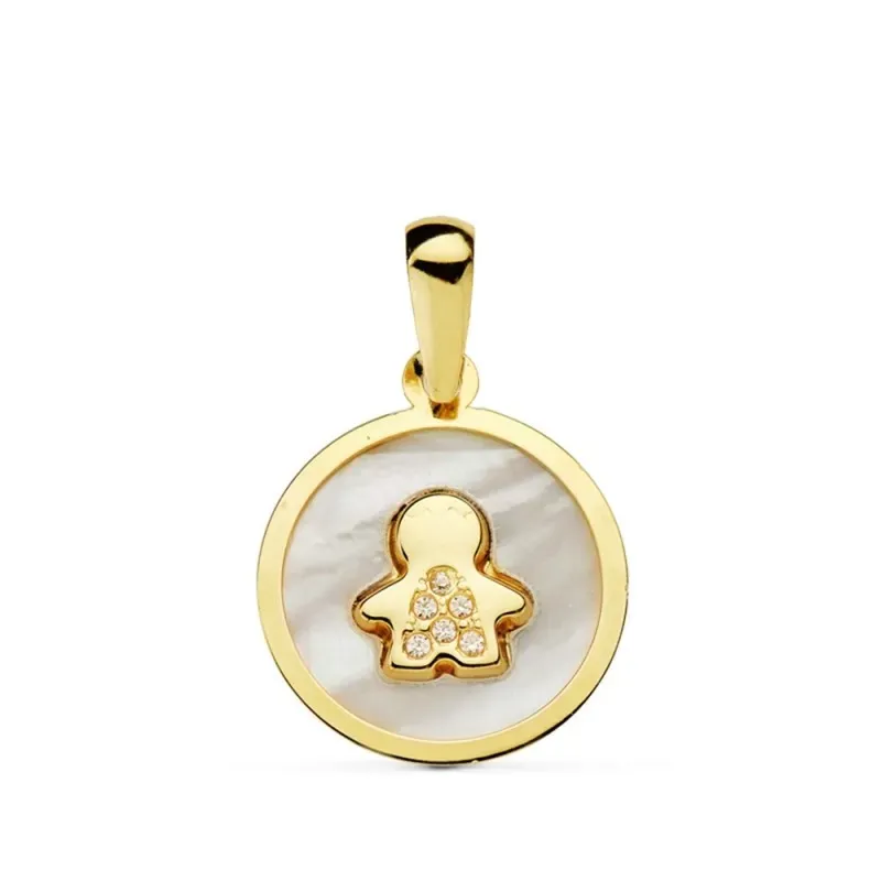 Colgante oro 18k nácar niño 12mm. redondo circonitas [AB4663]