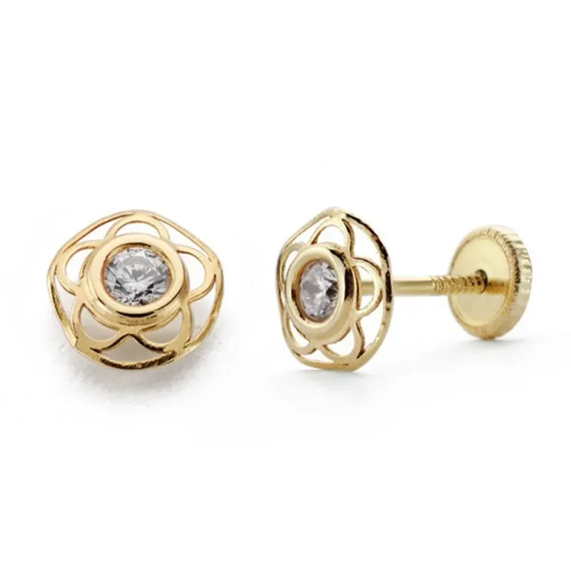 Pendientes oro 18k flor centro circonita [AB4677]