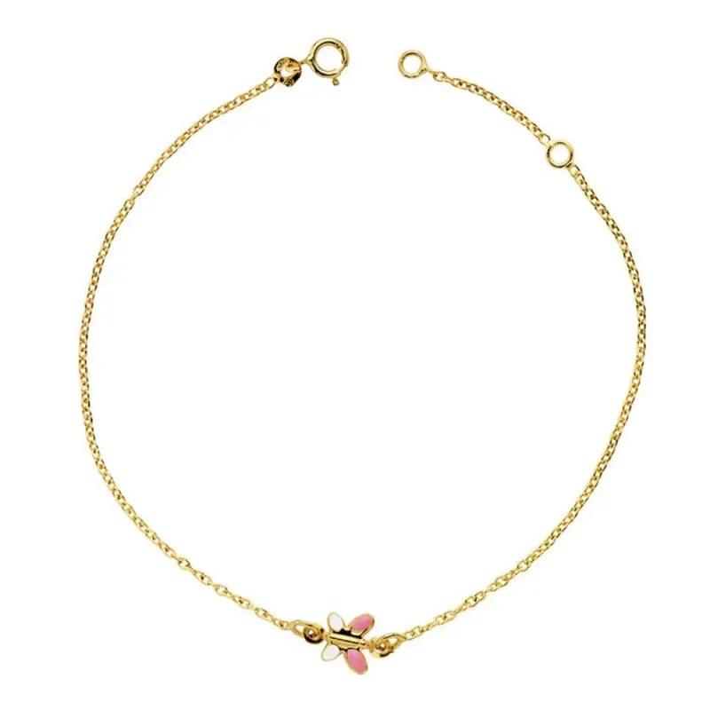 Pulsera oro 18k 16cm. mariposa esmaltada rosa blanca [AB4782]