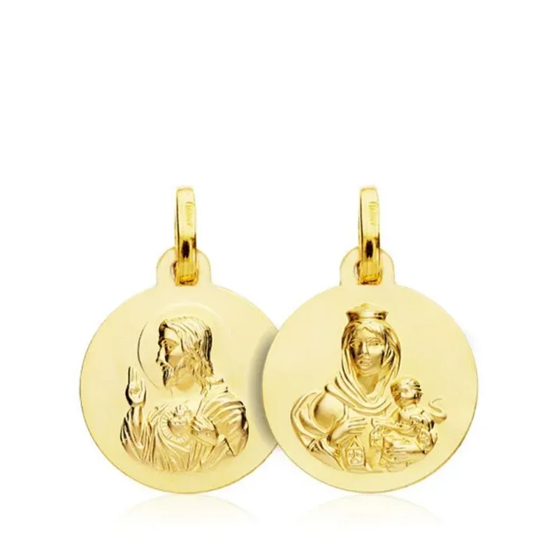 Medalla oro 18k escapulario Virgen Carmen Corazón Jesús 14mm [AB4797]