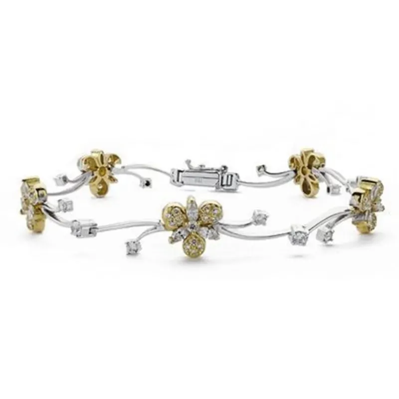 Pulsera oro 18k bicolor 20cm. 10mm. flores circonitas  [AB4810]
