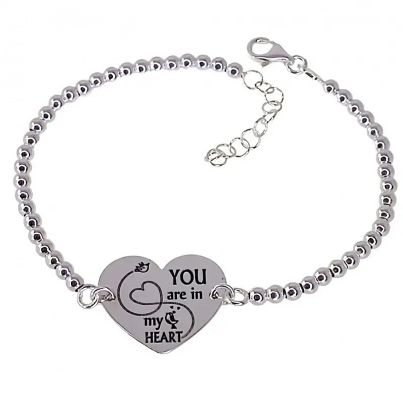 Pulsera plata Ley 925m 18cm. bolas chapa corazón mensaje [AB5446]