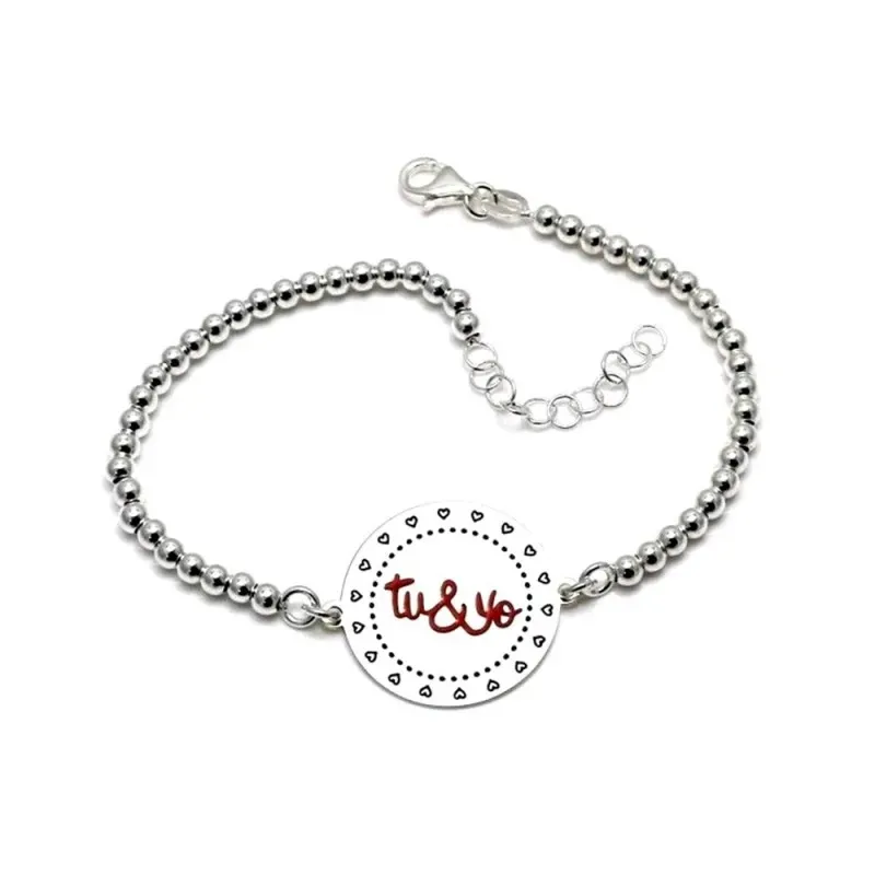 Pulsera plata Ley 925m 18cm. bolas chapa TU Y YO esmaltado [AB5447]