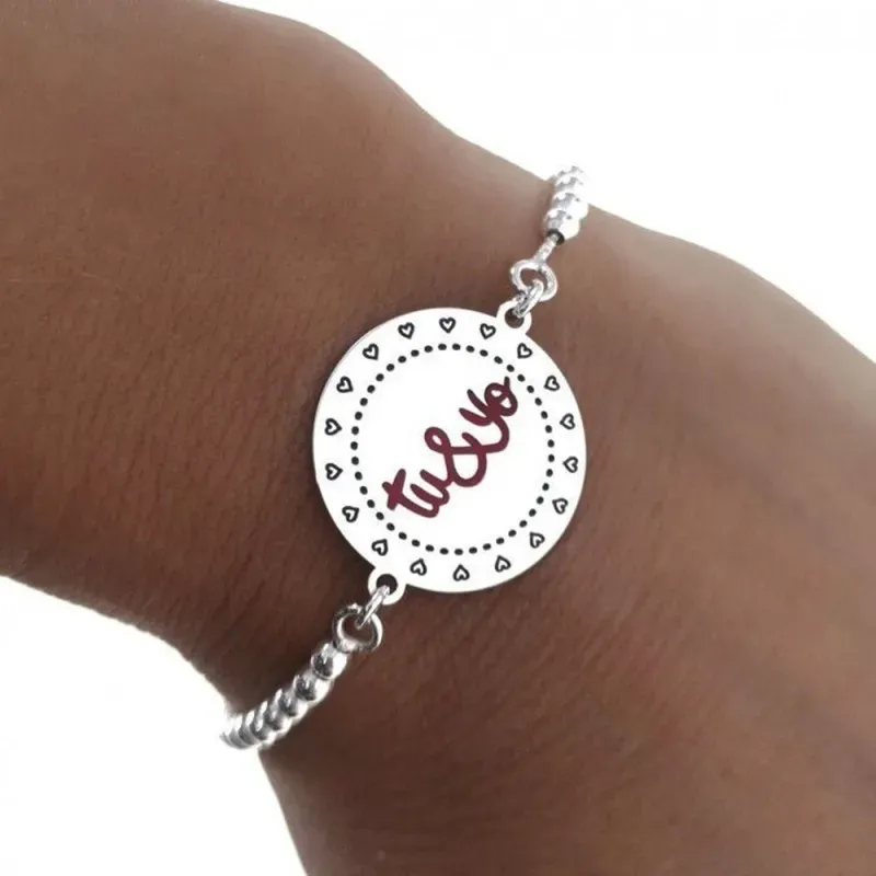 Pulsera plata Ley 925m 18cm. bolas chapa TU Y YO esmaltado [AB5447]