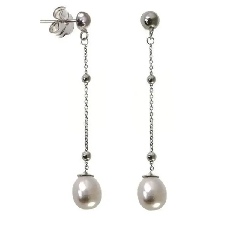 Pendientes plata Ley 925m media bola cadena bolas perlas [AB5478]