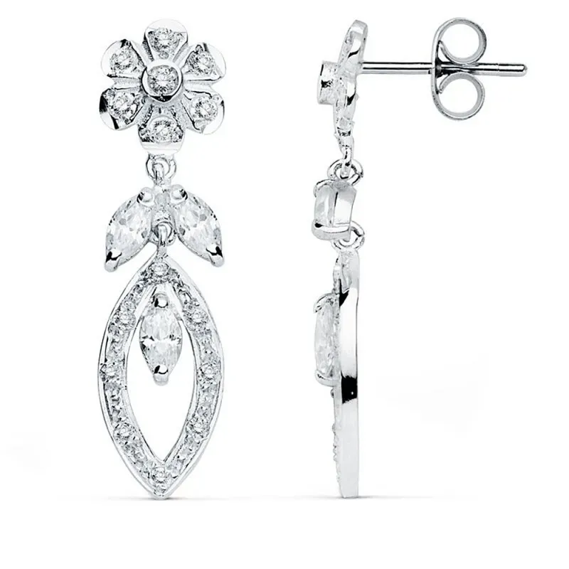 Pendientes oro blanco 18k 30mm. circonitas flor [AB8772]