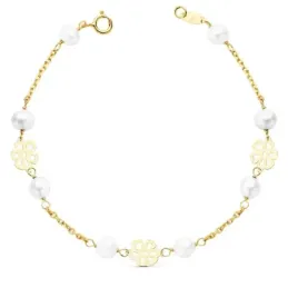 Pulsera oro 18k comunión 17cm. niña perlas flores caladas [AB8812]