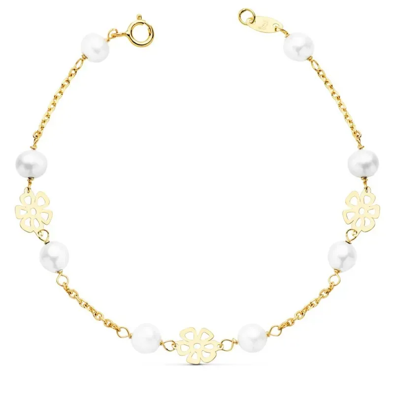 Pulsera oro 18k comunión 17cm. niña perlas flores caladas [AB8812]
