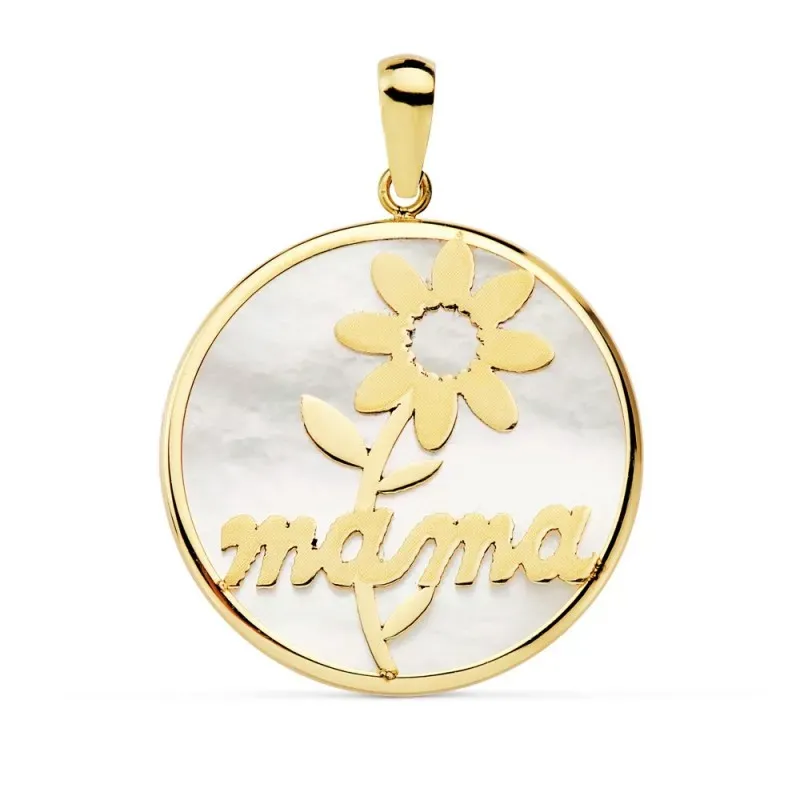 Colgante oro 18k bicolor MAMÁ 20mm. nácar flor [AB8819]