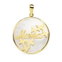 Colgante oro 18k bicolor MAMÁ 20mm. nácar mariposas [AB8820]