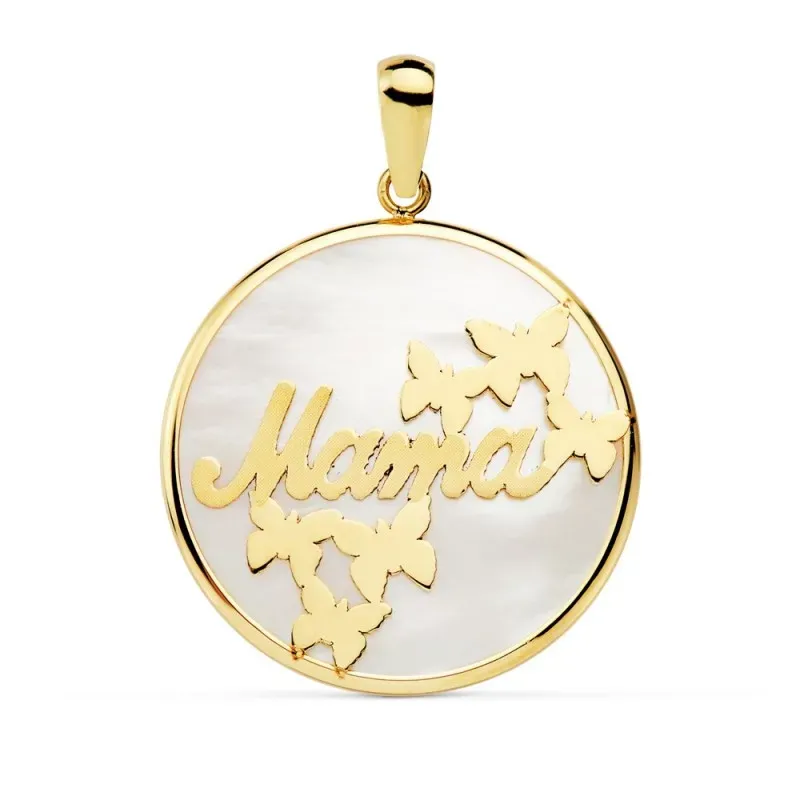 Colgante oro 18k bicolor MAMÁ 20mm. nácar mariposas [AB8820]