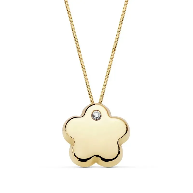 Colgante oro 18k cadena 42cm. flor 9mm. lisa circonita [AB8890]