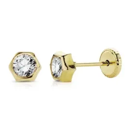 Pendientes oro 18k niña hexágono 5mm. circonita tuerca [AB8903]