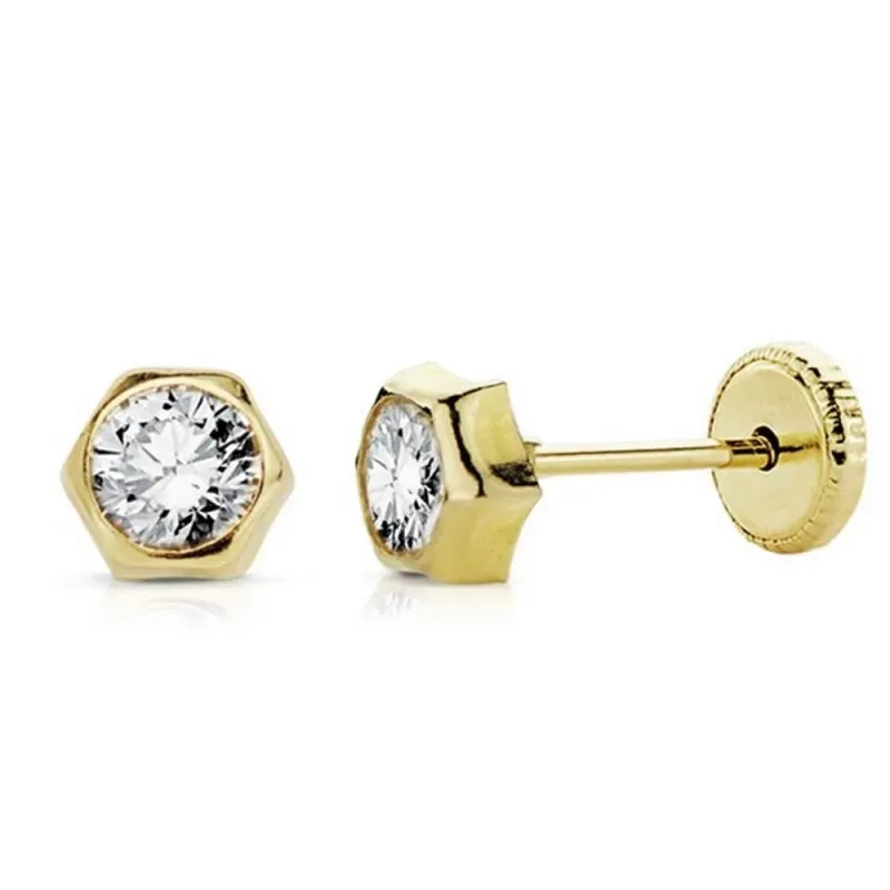 Pendientes oro 18k niña hexágono 5mm. circonita tuerca [AB8903]