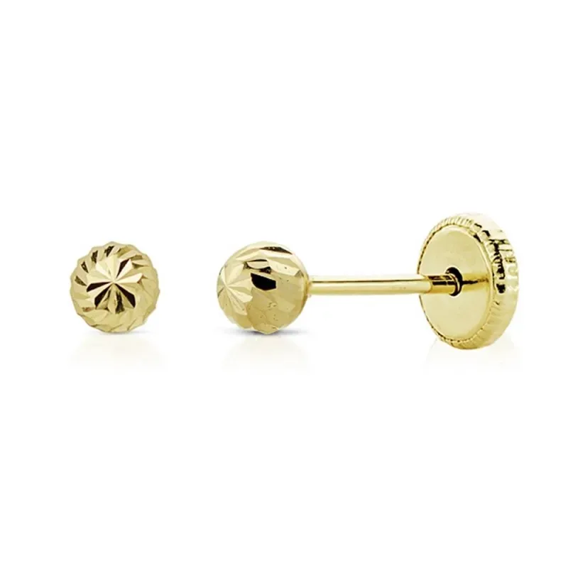 Pendientes oro 18k bola 4mm. niña tallada tuerca [AB8911]