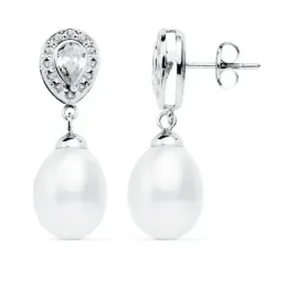 Pendientes oro blanco 18k lágrima 27mm. perlas cultivadas [AB8925]