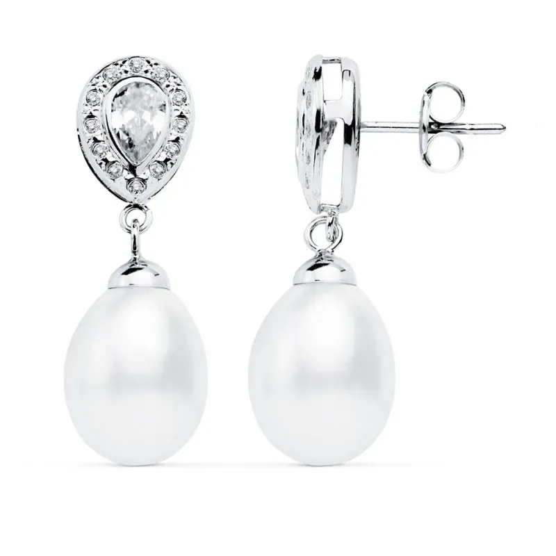 Pendientes oro blanco 18k lágrima 27mm. perlas cultivadas [AB8925]