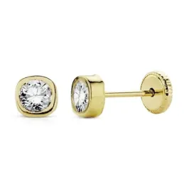 Pendientes oro 9k niña 4mm. circonita cuadrados tuerca [AB9040]