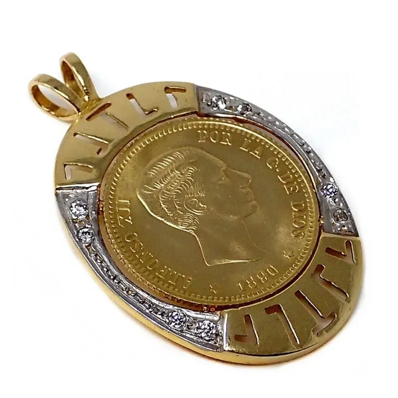 Colgante oro 18k bicolor 31mm. moneda alfonsina circonitas [AC0033]
