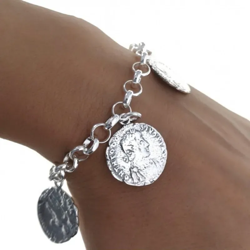 Pulsera plata Ley 925m. 19cm. rolo fetiches monedas [AC0044]