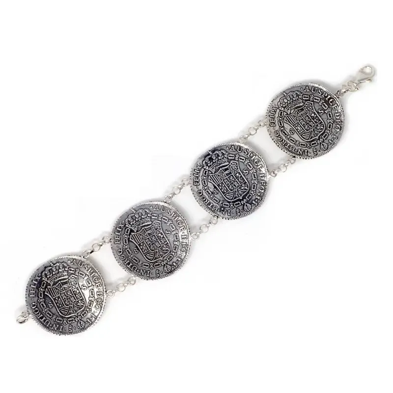 Pulsera plata Ley 925m. oxidada 20cm. monedas antiguas [AC0045]