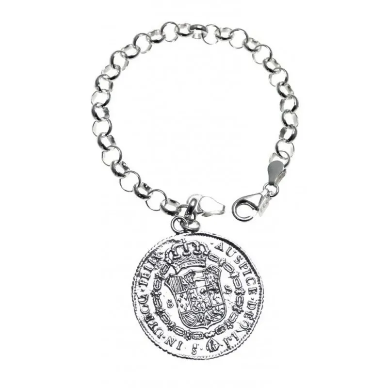 Pulsera plata Ley 925m. 19cm. rolo fetiche moneda antigua [AC0046]