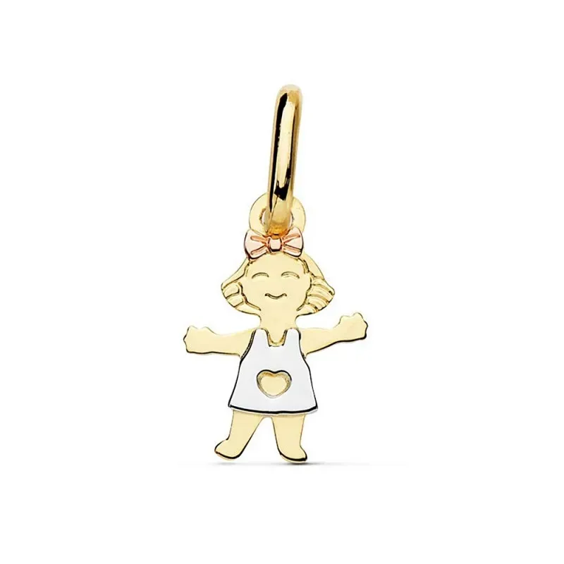 Colgante oro 18k tricolor motivo niña 12mm. alegre lazo [AC0095]