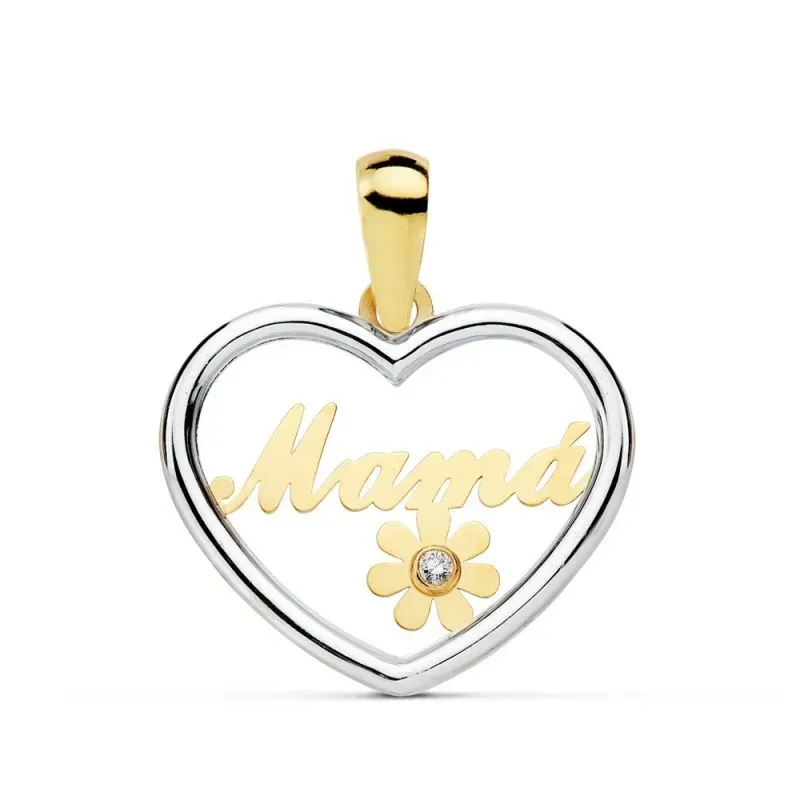 Colgante oro 18k bicolor 19mm. MAMÁ silueta corazón flor [AC0099]