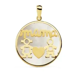 Colgante oro 18k MAMÁ 20mm. niño niña nácar centro corazón [AC0101]