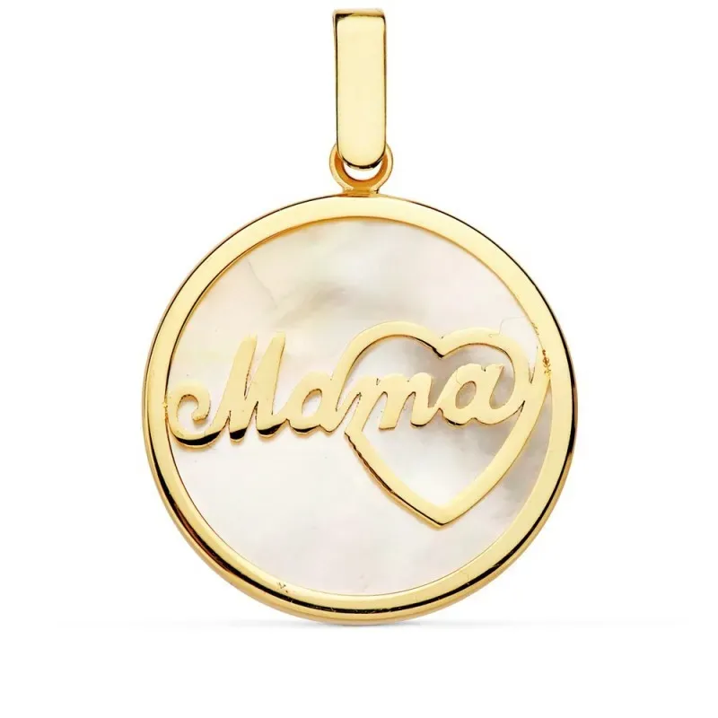 Colgante oro 18k MAMÁ 20mm. nácar motivo centro corazón [AC0102]
