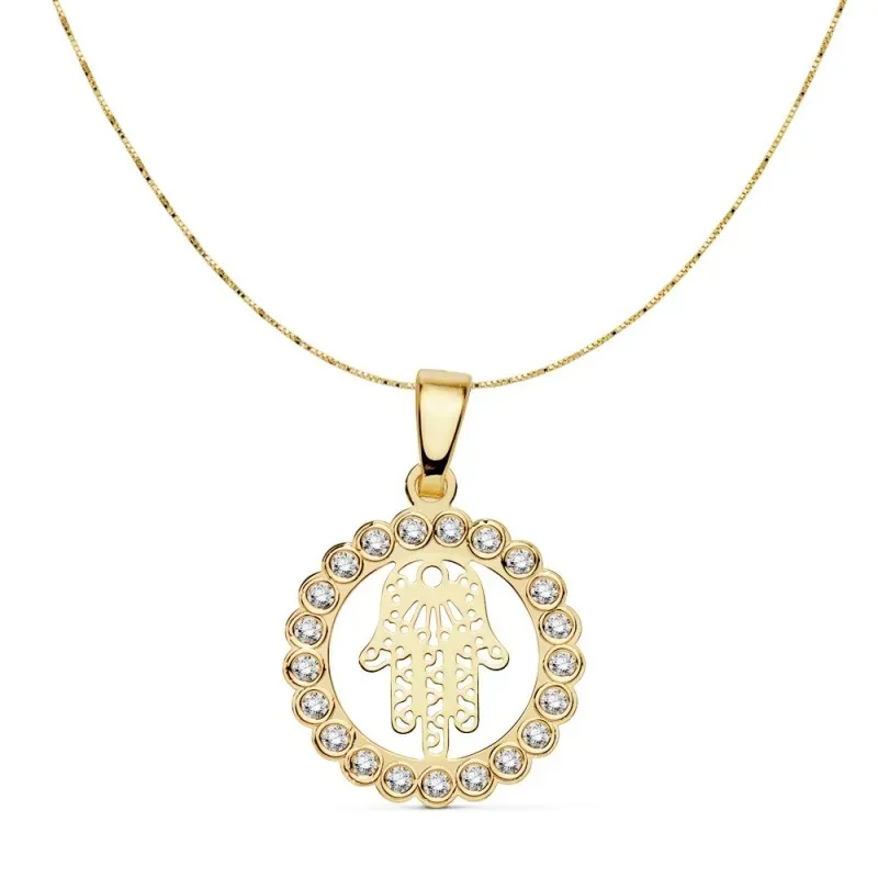 Gargantilla oro 18k 42cm. Mano de Fátima 16mm. circonitas [AC0107]