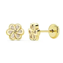 Pendientes oro 18k motivo flor 6mm. niña fondo nácar tuerca [AC0119]