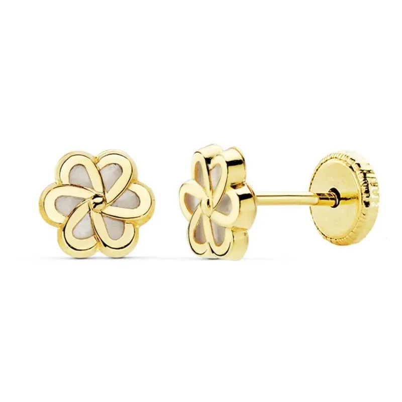 Pendientes oro 18k motivo flor 6mm. niña fondo nácar tuerca [AC0119]