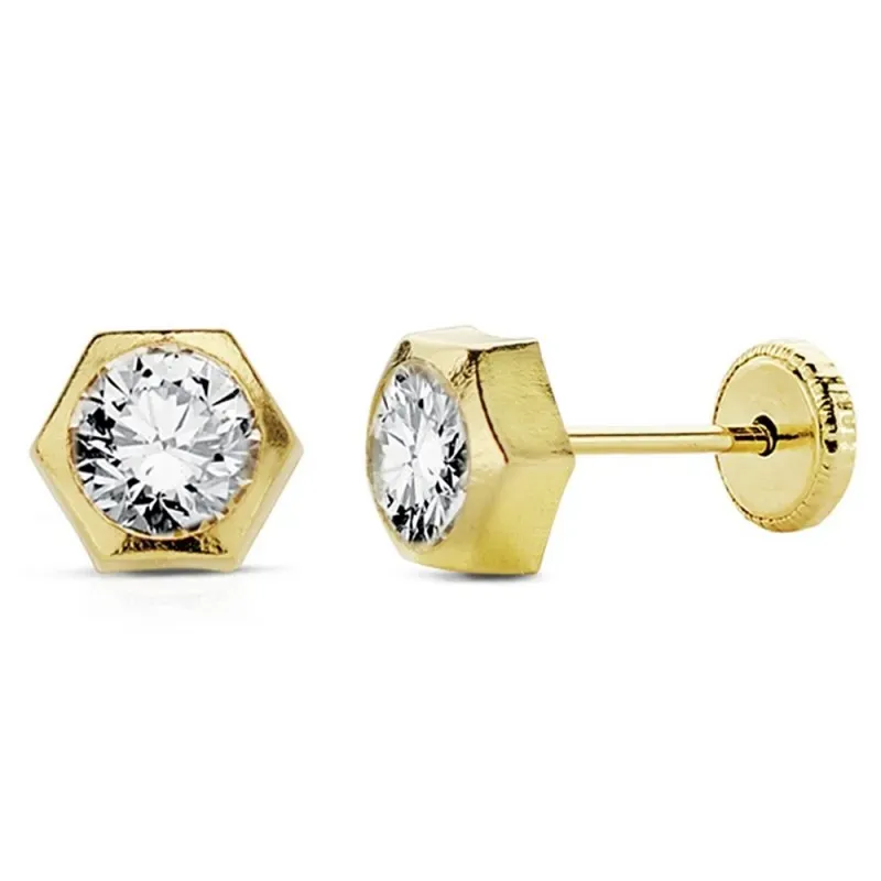 Pendientes oro 18k niña hexágono 6mm. circonita tuerca [AC0122]