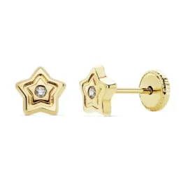 Pendientes oro 18k niña 6mm. estrella lisos circonita tuerca [AC0131]