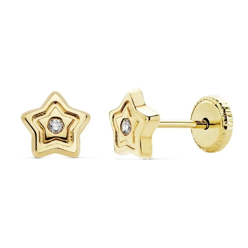 Pendientes oro 18k niña 6mm. estrella lisos circonita tuerca [AC0131]