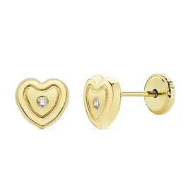Pendientes oro 18k niña 6.5mm. corazón lisos circonita tuerca [AC0132]