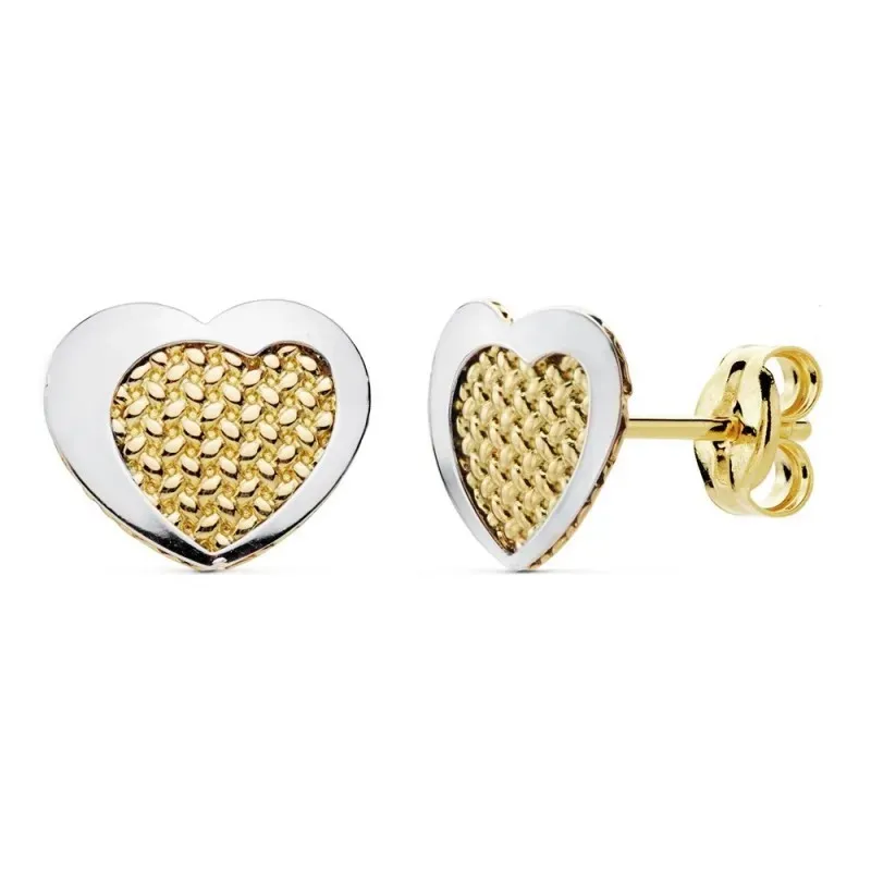 Pendientes oro 18k bicolor 9mm. corazón tallados cerco liso [AC0136]