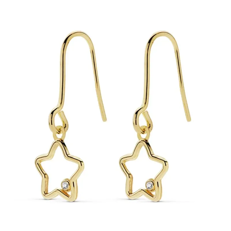 Pendientes oro 18k largos 22mm. estrella calados circonita [AC0142]