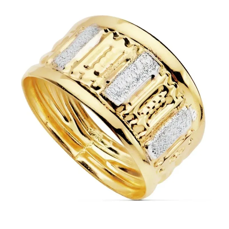 Sortija oro 18k bicolor tallada ancho máximo cabeza 10mm. [AC0166]