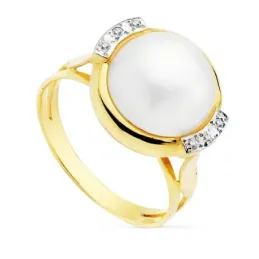 Sortija oro 18k bicolor perla japonesa 12mm. cerco circonitas [AC0190]