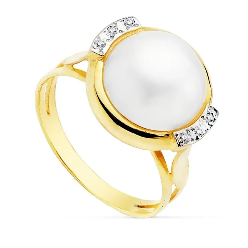 Sortija oro 18k bicolor perla japonesa 12mm. cerco circonitas [AC0190]