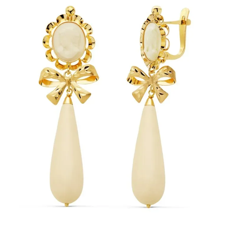 Pendientes oro 18k largos 62mm. camafeo lazo piedra beige [AC0208]