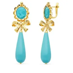 Pendientes oro 18k largos 62mm. camafeo lazo piedra azul [AC0209]
