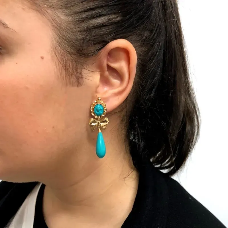 Pendientes oro 18k largos 62mm. camafeo lazo piedra azul [AC0209]