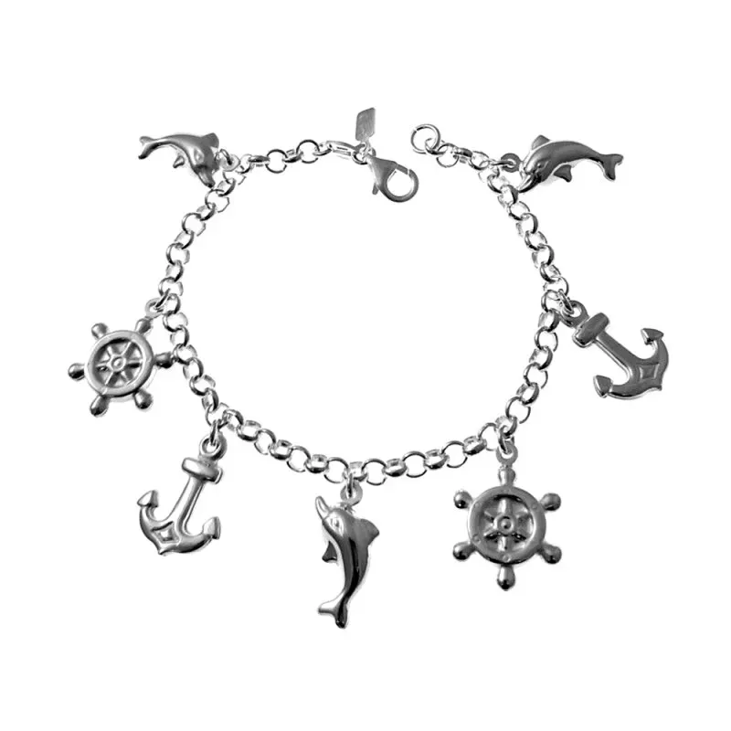 Pulsera plata Ley 925m fetiches ancla delfín cadena rolo [AC0315]